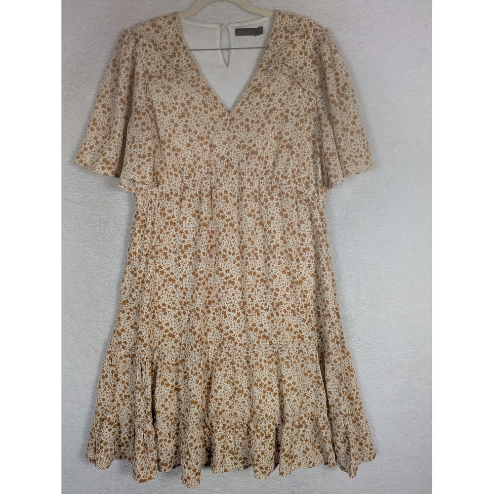 MIKAROSE Dress Women's Medium Cream Brown Floral Flutter Sleeve Tiered